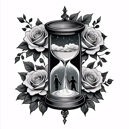 Hour Glass Tattoo With Roses Around It And Children Walking Inside It