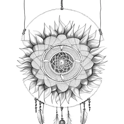 A Black And Grey Sketch Of A Dream Catcher Made Of Sunflower Stems