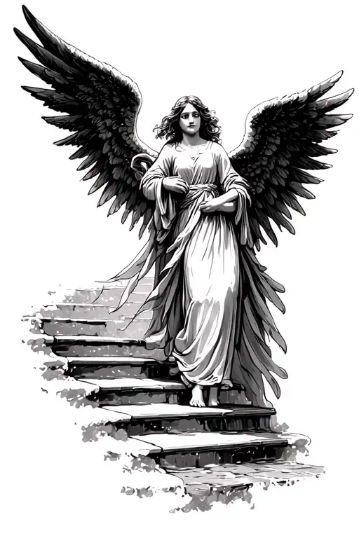 An Angel Guiding A Girl Up A Stair Way To Heaven