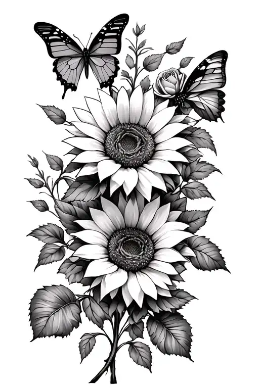 Sunflower With Butterflies And Roses Intertwined