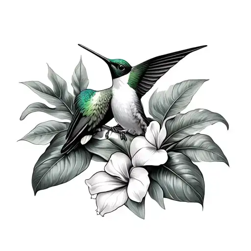 Lignum Vitae Flower Streamertail Hummingbird Jamaica With Tropical Leaves And Shading