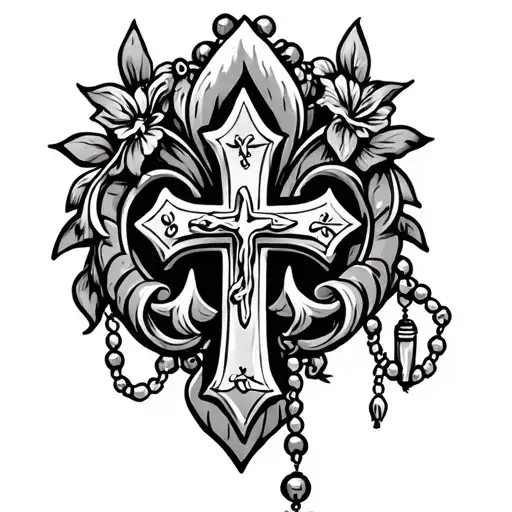 Fleur De Lys With Catholic Rosary And Christian Cross