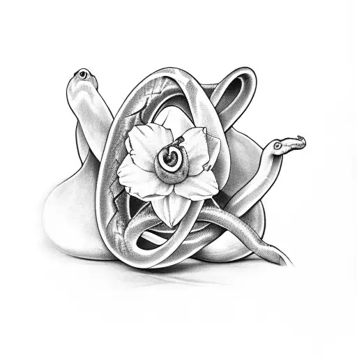 Snake Coiled Around A Daffodil Stem