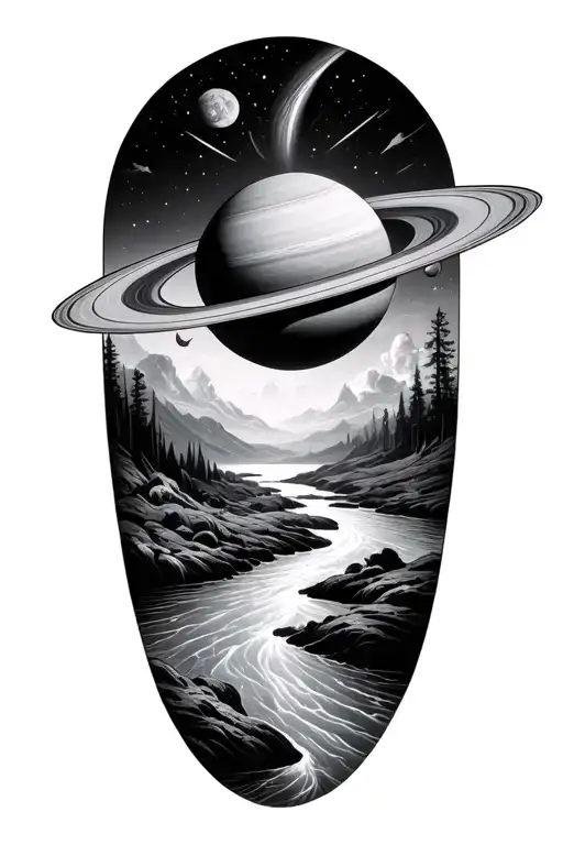 Forming Saturn Above A Large Flowing River Running