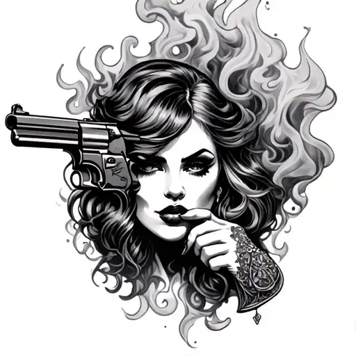 Kinky Woman Face With Smoke And Fire Gun