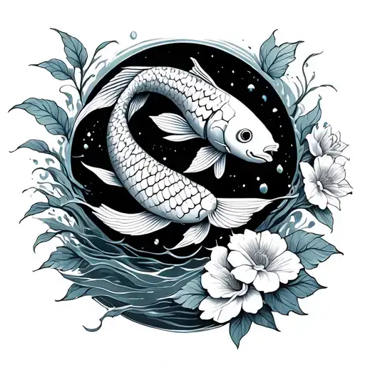 Aquarius God With Koi Fish Swimming Upstream And Flowers