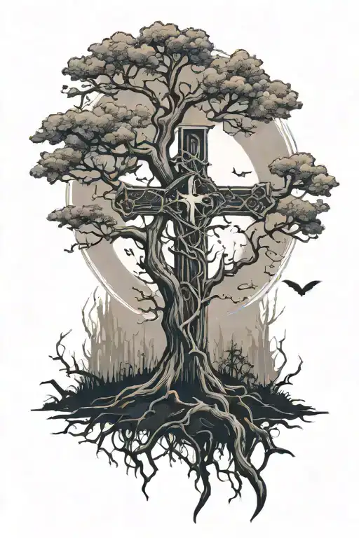 Tree Branching Out With The Sun At Top With A Cross And Bats