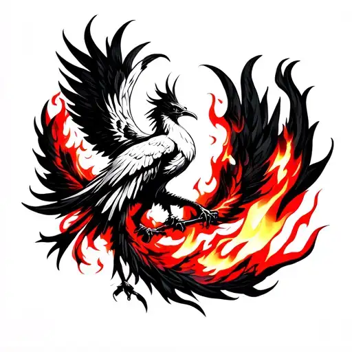 Black And White Phoenix With Red Embers Around It And Fire Licking At Its Tail