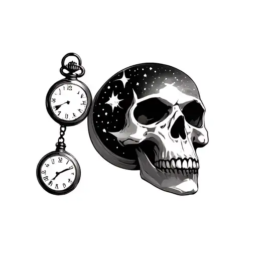 Moon With Stary Sky On Top Of A Pocket Watch On Top Of A Skull Sternum