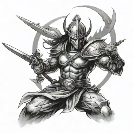 Create A Tattoo Design Showcasing A Fierce Warrior Wielding Multiple Blades In A Dynamic Pose