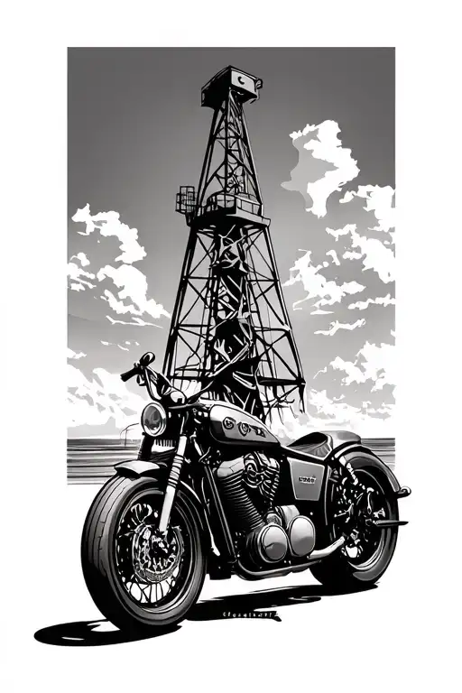 Cafe Racer Motorcycle And Texas Oil Rig And Compass