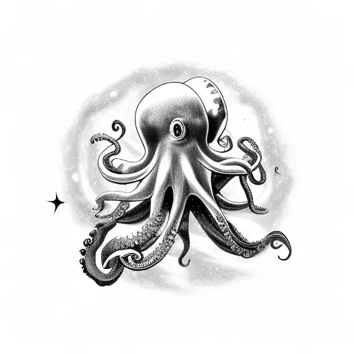 A Realistic Black And Grey Tattoo Of An Octopus Exploring A Galaxy Filled With Colorful Planets