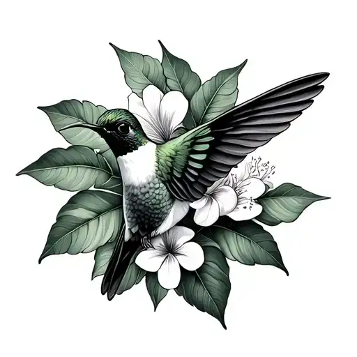 Lignum Vitae Flower Streamertail Hummingbird Jamaica With Tropical Leaves And Shading