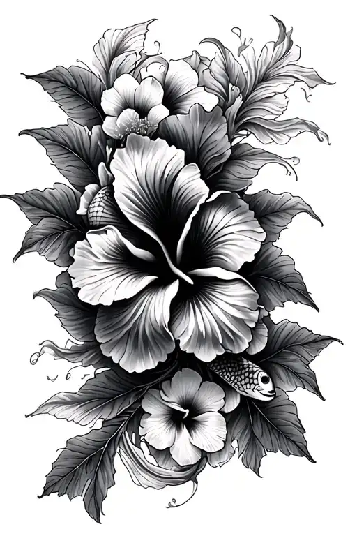 Hibiscus Flowers In A Wavy Line With Koi Fish