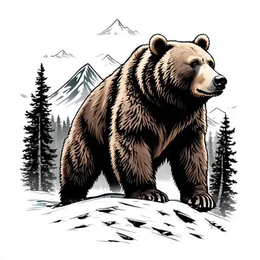 Not To Detailed Grizzly Bear In Woods Surrounded Mountains In Background