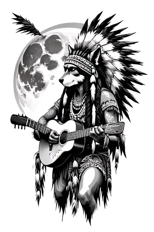 Wolf Moon Native American Chief Playing A Guitar