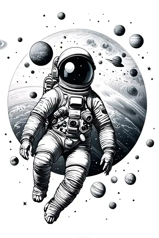 Full Sleeve Tattoo With Astronaut And Solar System With Planets