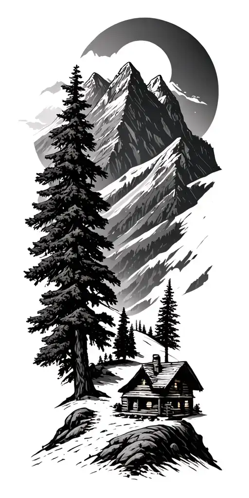 Mountain Cabin Scene Featuring Hiking Path