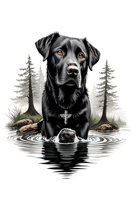 Full Sleeve Outdoors Tattoos In The Woods With A Black Lab Dog In The Water And Psalms