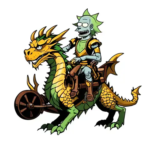 Pickle Rick In Trash Polka Style Riding A Gold Two Headed Dragon With Wagon Armour