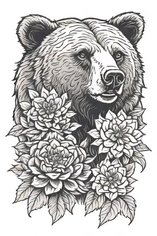 Grizzly Bear With Dahlia Flowers