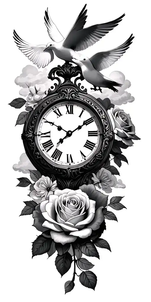 Roses Roman Numeral Clock Doves Light Clouds
