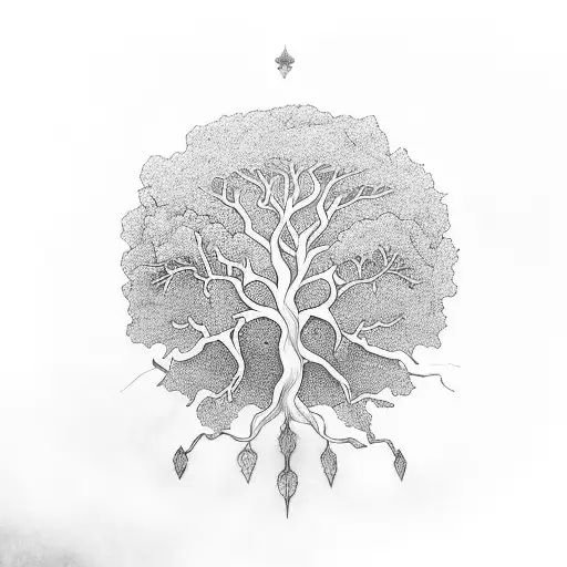 A Mystic Tree With Swirling Branches And Art Symbols