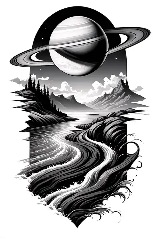 Forming Saturn Above A Large Flowing River Running