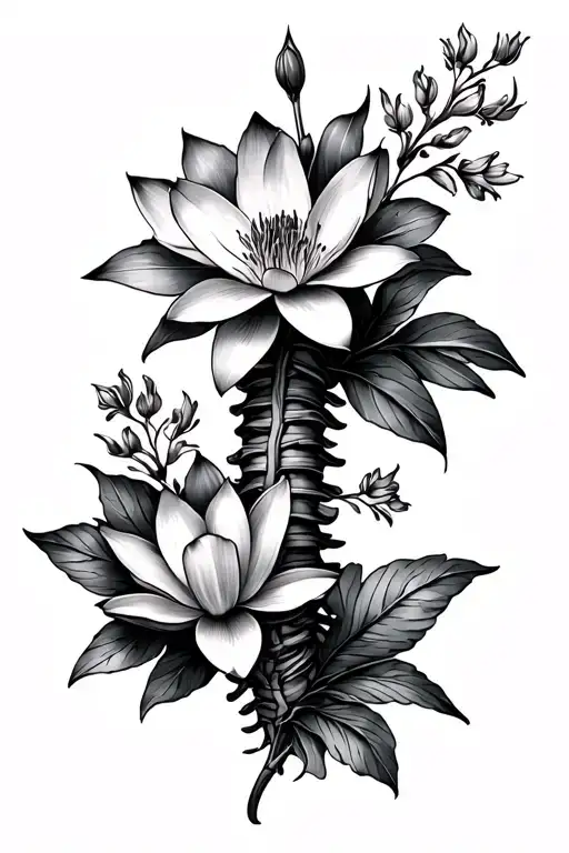 Floral Spine Tattoo With Larkspur And Water Lily Flower