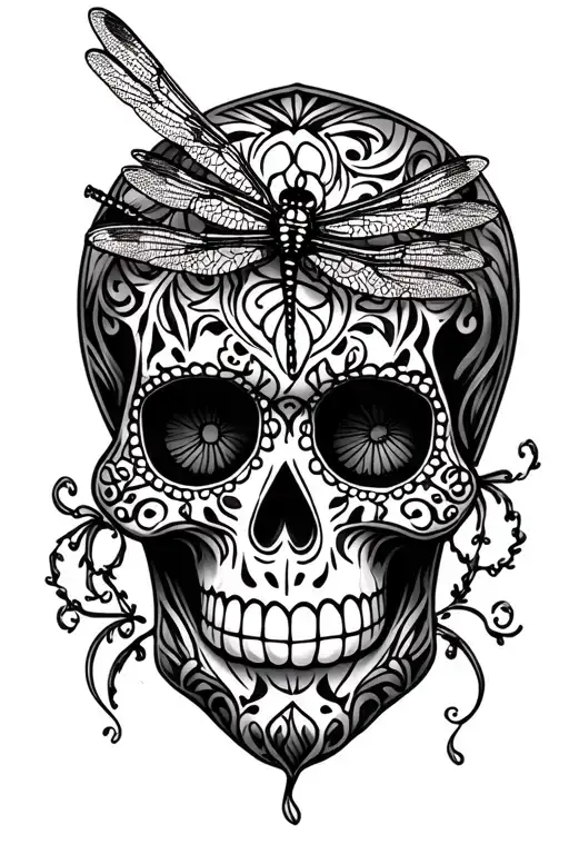 Sugar Skull With Dragonfly Design Incorporating Elements