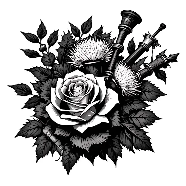 Rose And Thistle Intertwined With Bagpipes