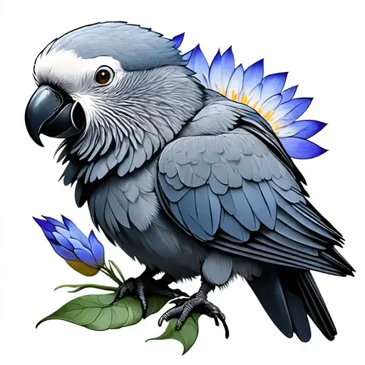 African Grey Bird With Blue Lotus