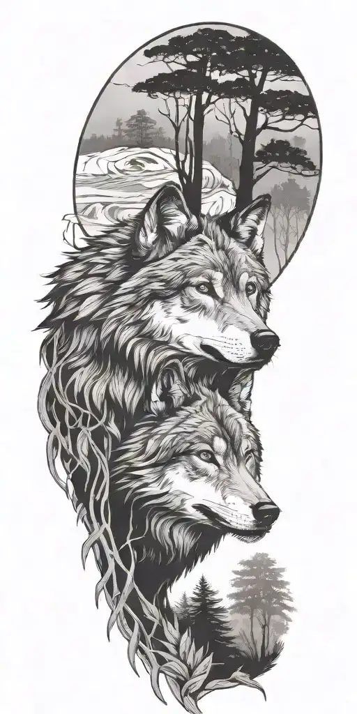 Wolf In A Jungle Forest With Trees