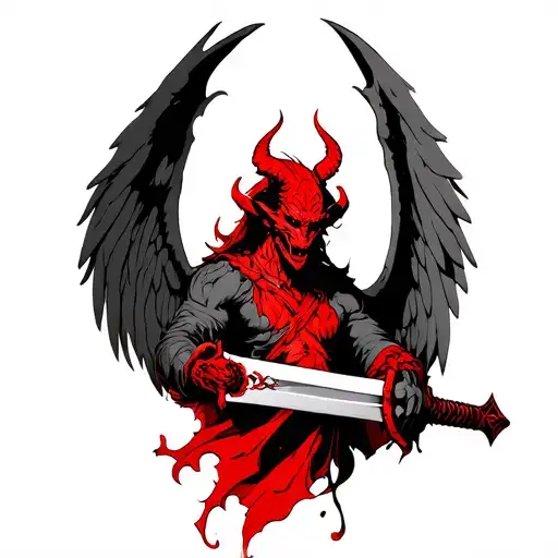 Demon Half Angel Holding A Sword Red Ink