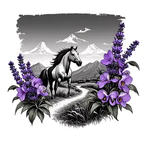 Horse With Lavender Orchid And Path With Mountain