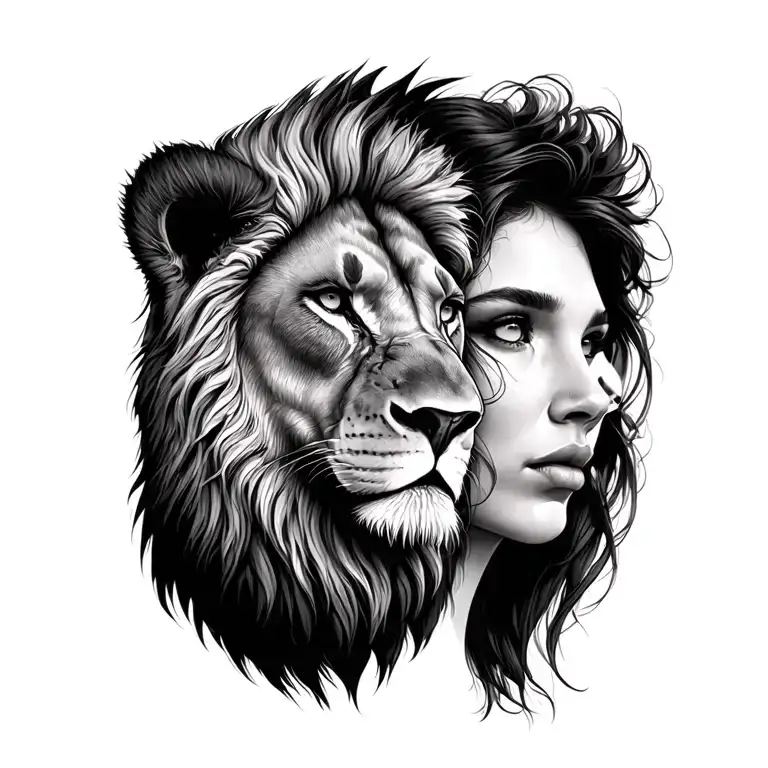 Lion Head Profile Holding And Woman Head Looking The Same Direction