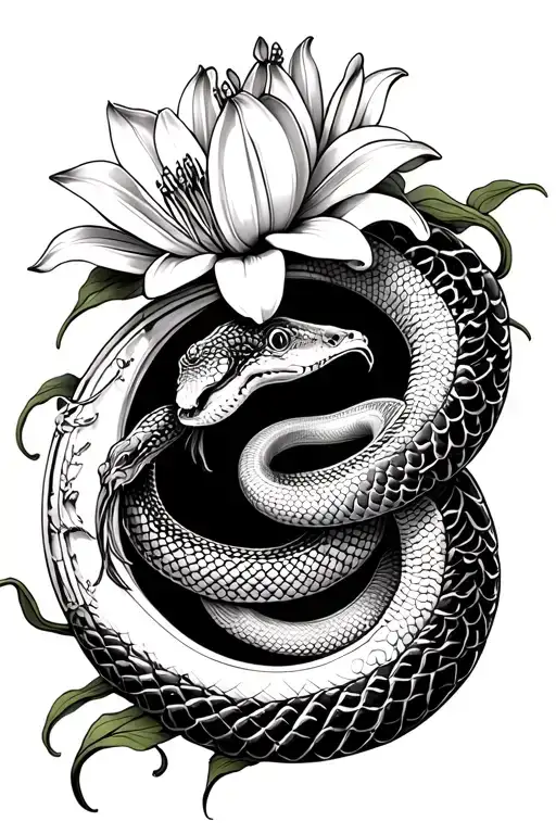 Snake Intertwined On A Lily Flower Climbing A Crescent Moon
