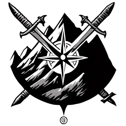 A Mountain With A Compass And Two Swords Crossed
