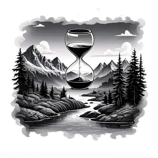 Hourglass With Mountain And River Landscape Inside