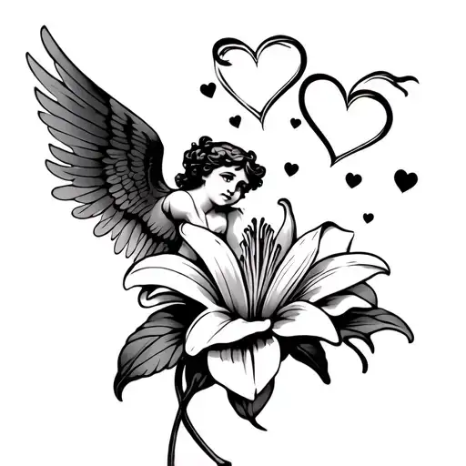 Cupid Flying Around A Lily Flower With Hearts Symbolizing Love