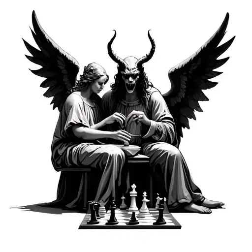 Angel And Demon Playing Chess Sitting Down