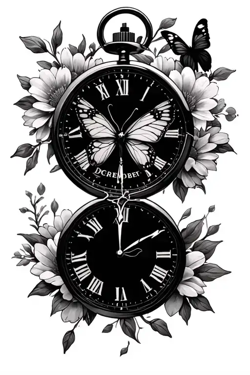 Broken Stop Watch With Butterfly And December Birth Flowers