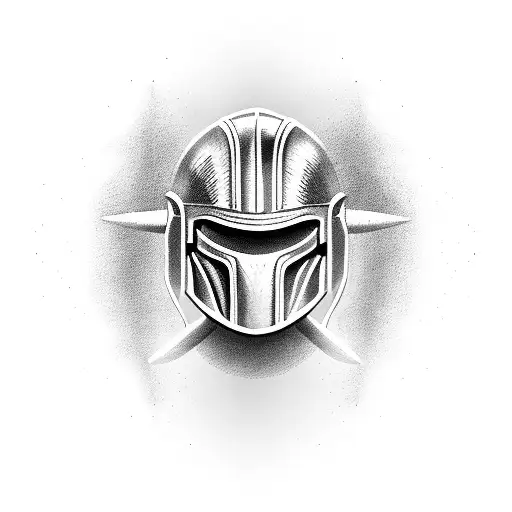 A Stoic Spartan Helmet With Crossed Spears Behind It