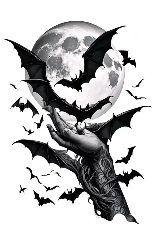 Bats Going Up The Arm With The Moon Surrounded