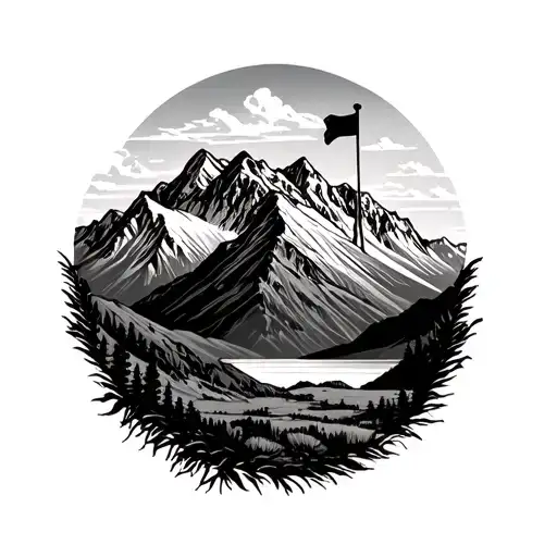 Mountain Range With Golf Flag Intertwined
