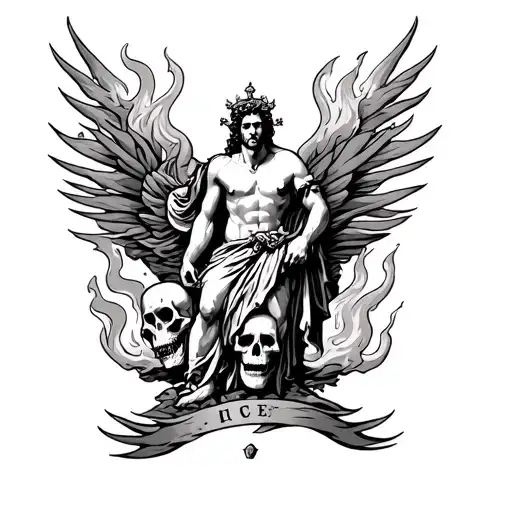 Greek God On Top Of Skulls And Fire