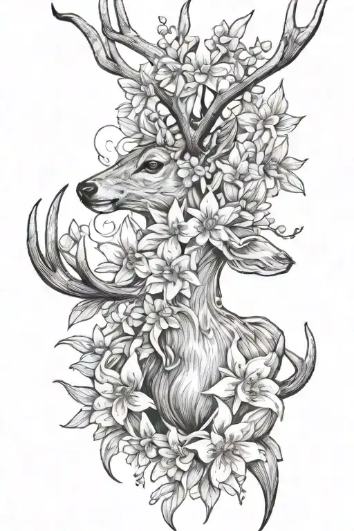 Deer Antlers With Daffodils And Delphinium And The Water Lily