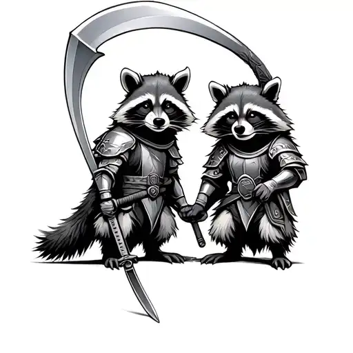 Two Racoons With Knight Amor Ohne Of Thema Holds A Katana And The Other One Holds A Scythe