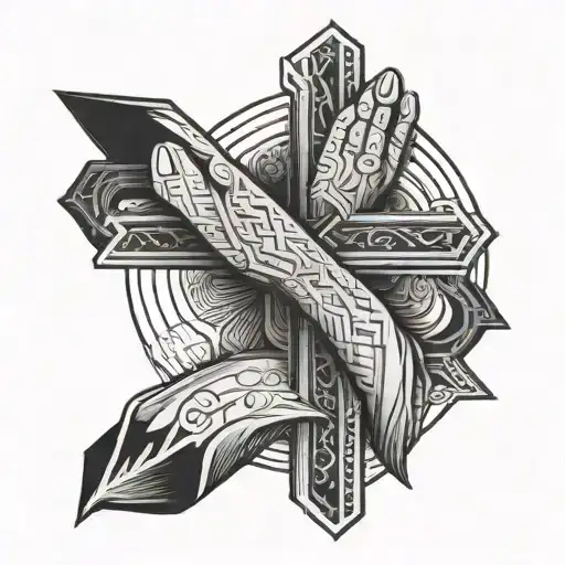Fine Line Geometric Cross With Praying Hands