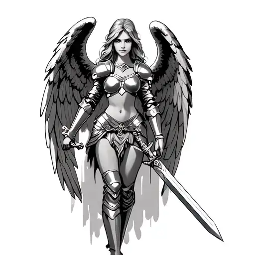 Female Guardian Angel Wearing Armour And Sword With Wings